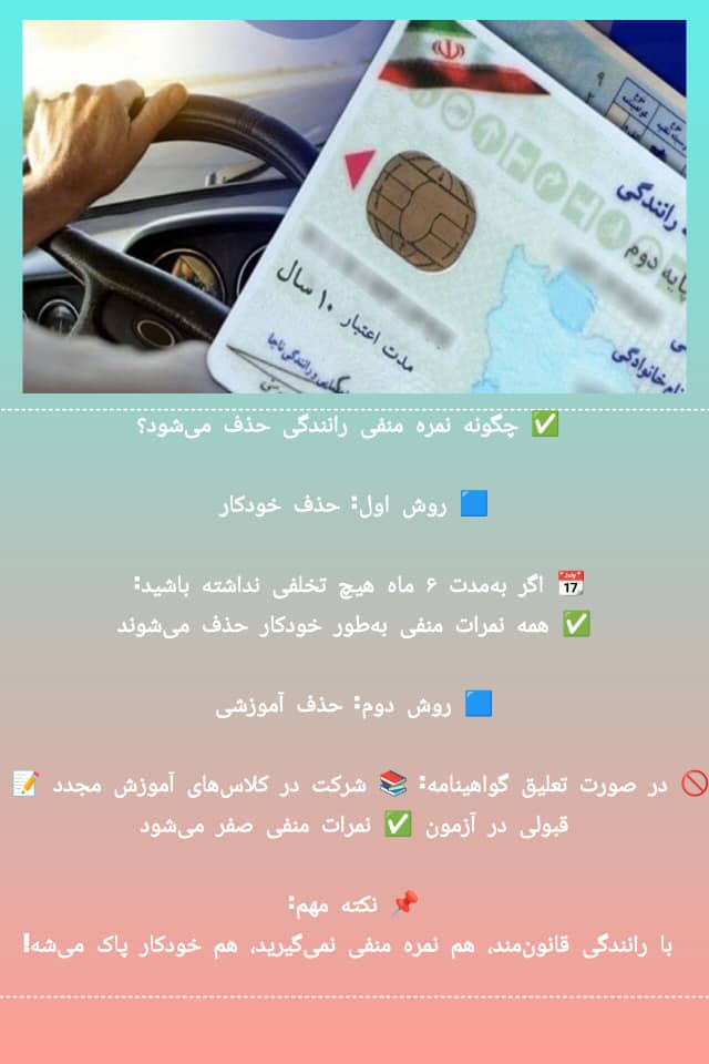 اینفوگرافیک آموزش حذف نمره منفی رانندگی به زبان فارسی